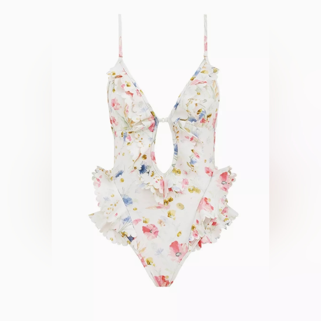 Zimmermann Lucky Waterfall Frill One Piece Swimsuit In Cream Bouquet Floral